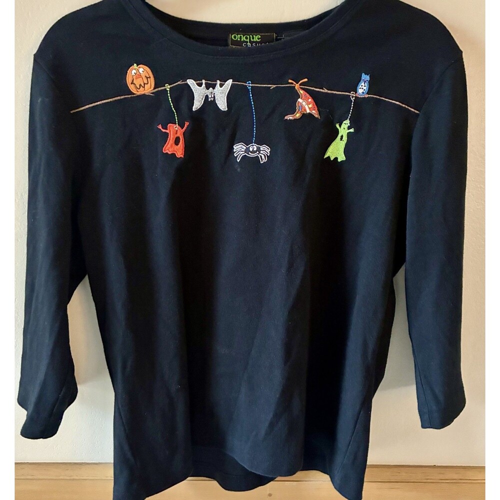 Vintage Onque Halloween Embroidered 3/4 Sleeve Shirt Pumpkin Ghost Spider L